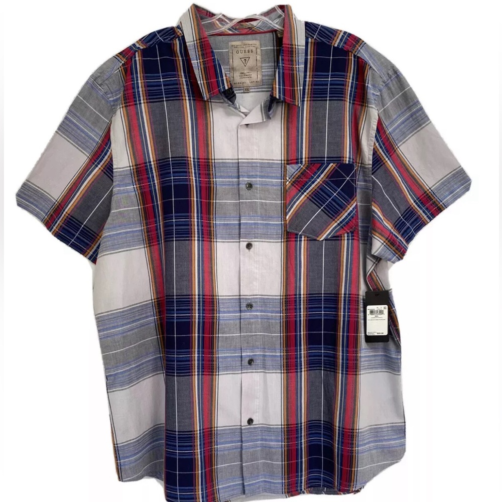 GUESS Mens Button Up Shirt Plaid Slim Fit Short Sleeve Blue Red NWT Size M